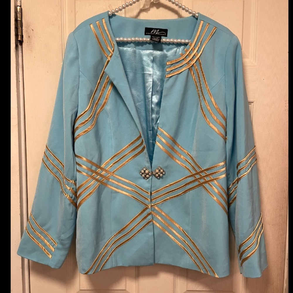 VTG Midnight Velvet Pale Blue Gold Blazer Pearl Rhinestone Embellished Size 14